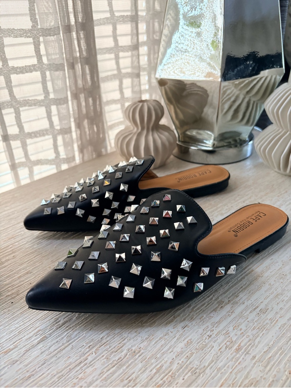 Cape Robbin Black Faux Leather Studded Flat Mules Size 9